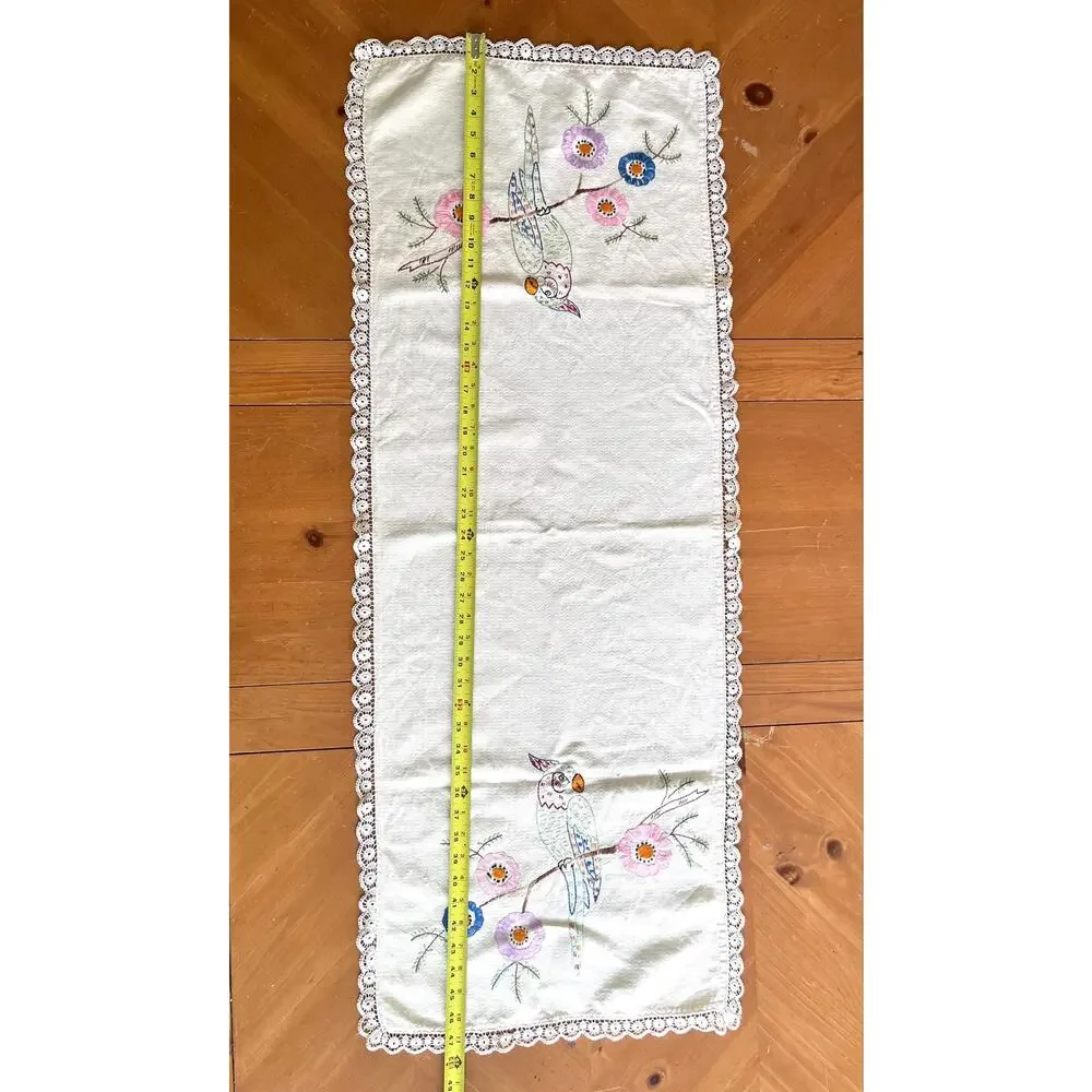 Vintage Embroidered Table Runner Vanity / Dresser Scarf Parrot Floral Lace Trim
